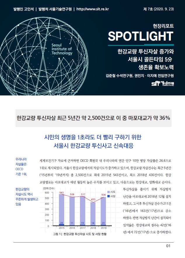 <현장리포트 SPOTLIGHT> 2020년 9월호 Vol.7 `한강교량 투신자살 증가와 서울시 골든타임 5分 생존율 확보노력` 