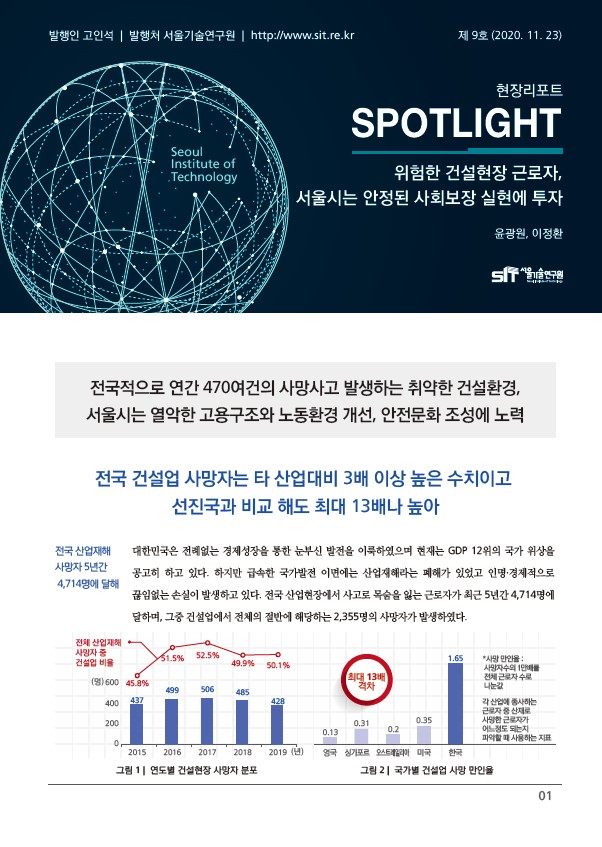 <현장리포트 SPOTLIGHT> 2020년 11월호 Vol.9 `위험한 건설현장 근로자, 서울시는 안정된 사회보장 실현에 투자` 