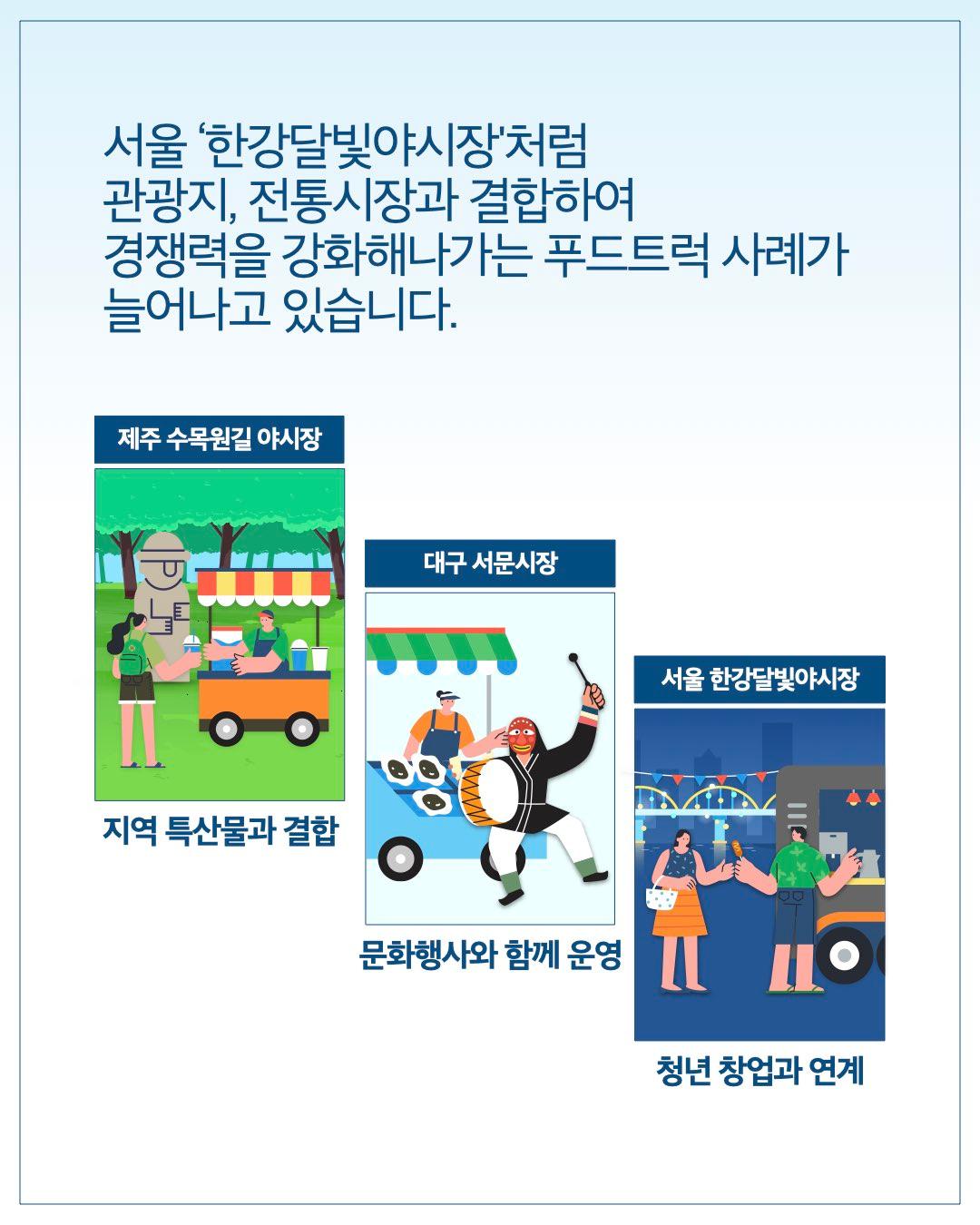 서울 '한강달빛야시장'처럼 관광지, 전통시장과 결합하여 경쟁력을 강화해나가는 푸드트럭 사례가 늘어나고 있습니다.  제주 수목원길 야시장: 지역 특산물과 결합 대구 서문시장: 문화행사와 함께 운영 서울 한강달빛야시장: 청년 창업과 연계