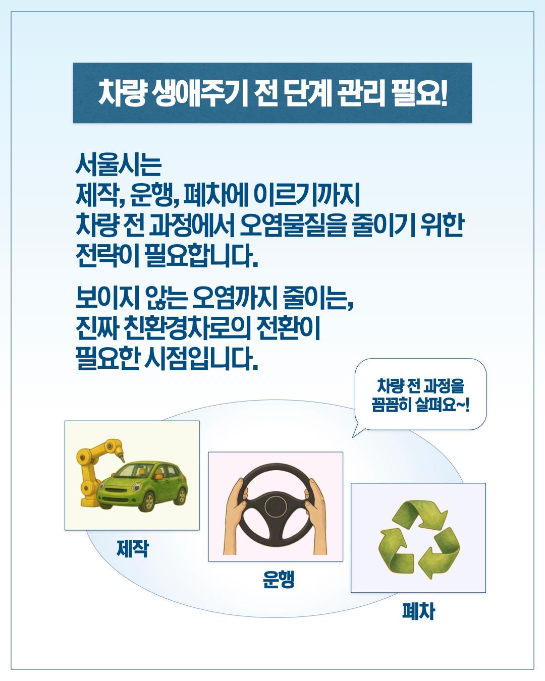 차량 생아주기 전 단계 관리 필요! 서울시는 제작, 운행, 폐차에 이르기까지 차량 전 과정에서 오염물질을 줄이기 위한 전략이 필요합니다. 보이지 않는 오염까지 줄이는, 지짜 친환경차로의 전환이 필요한 시점입니다. 제작, 운행, 폐차 차량 전 과정을 꼼꼼히 살펴요